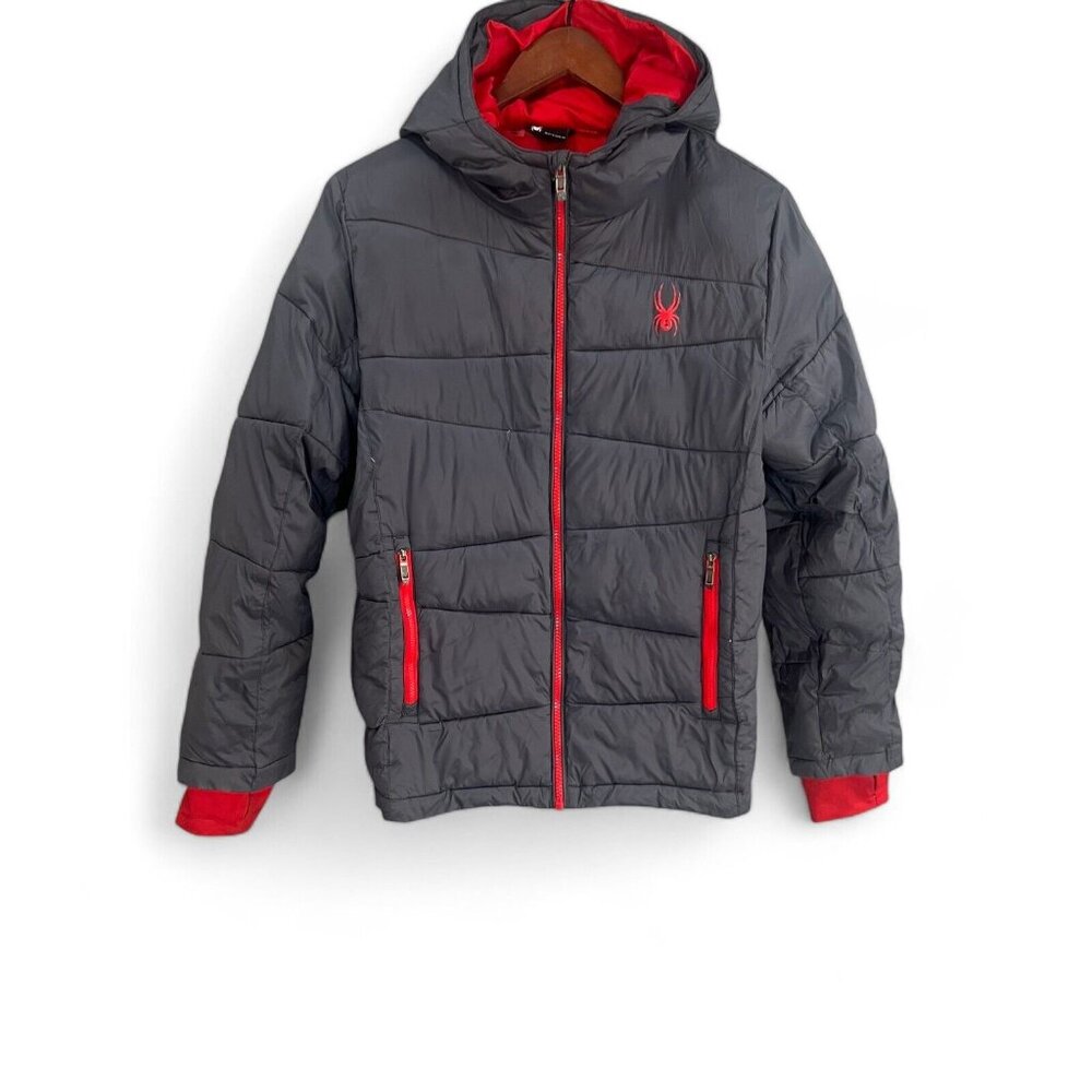 Spyder Boys Dark Gray Red Puffer Full Zip Jacket Hoodie Pockets Size L (14-16)
